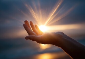 Hand holding the sun with bright light rays and a dramatic sky.