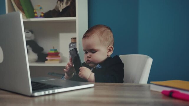 Young child pretends to work with gadgets, Child imitates professional tech support in playful office setting