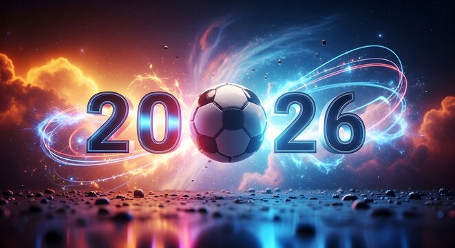 2026 FIFA World Cup futuristic soccer ball digital neon glow cosmic space celebration