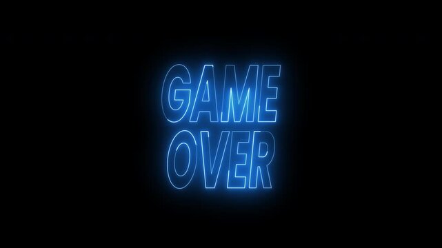 Neon blue game over text animation on black background. 4k animated typography perfect for gaming websites, social media posts, and video game related designs.