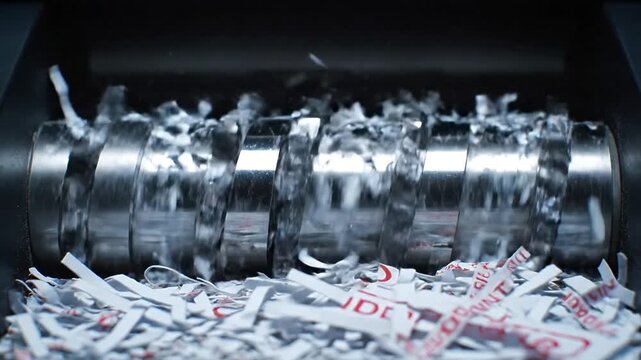 Extreme close up of a confidential document being shredded by a paper shredder.