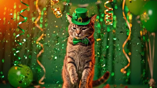 Gray cat wearing green hat and bow tie standing on hind legs. St. Patricks Day celebration with festive decor for holiday fun.