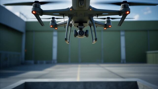 Industrial multirotor drone hovers over concrete test pit.