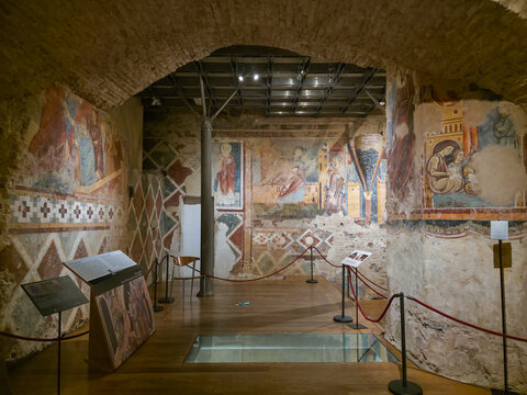 Interior of the Medieval Crypt of Siena Cathedral, Italy. Ancient 13th Century Frescoes and Archaeological Site in Duomo di Siena, Tuscany. Historic Religious Art and Underground Architecture