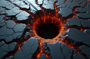 Fototapeta premium Black cracked surface with glowing orange lava beneath. A deep dark hole opens center, spewing bright fiery particles upwards. Abstract texture resembles broken ground, showing inner heat.