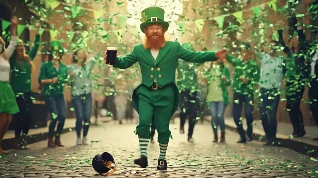 Man dressed as a leprechaun dancing with a pint of beer, surrounded by green confetti and people for St. Patricks Day celebration.