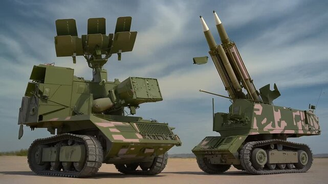 Tracked air defense missile vehicles in desert.
