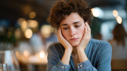 Fototapeta premium Crowded restaurant overwhelming anxious diner breathing exercises napkin coping strategy social anxiety public dining mental health challenge managing symptoms, perfect for social anxiety coping