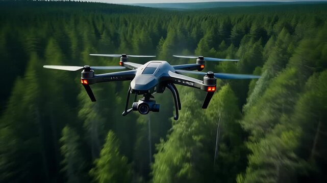 Professional multirotor drone flying above evergreen forest canopy.