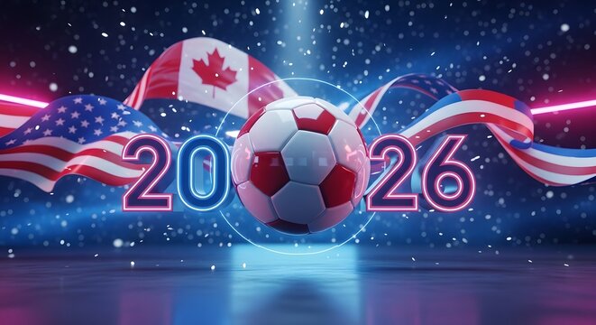 2026 FIFA World Cup soccer ball with USA and Canada flags futuristic neon stadium background
