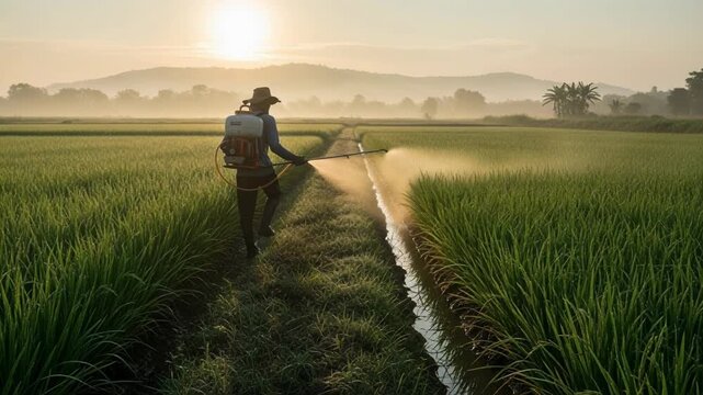 A person in a field sprays a substance from a backpack onto crops