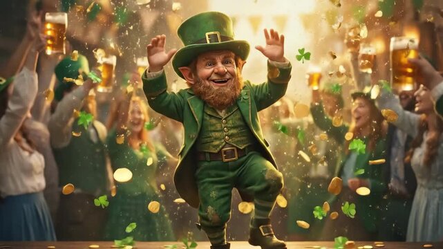 Happy leprechaun dancing and throwing gold coins, surrounded by people celebrating St Patricks Day. Festive Irish holiday parade with cheerful crowd.