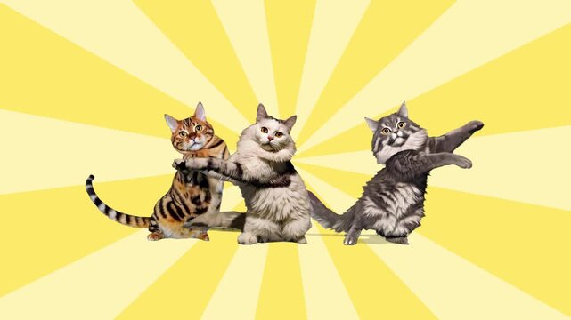 Three different domestic cats captured in a fun dancing pose against a retro yellow and white sunburst background. This humorous composition is ideal for viral social media content, memes, and pet-rel