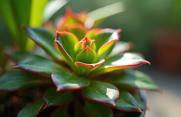 Close-up view of green succulent plant with red tipped leaves. Healthy foliage texture macro shot. Home plant detail in bright sunlight outdoors.