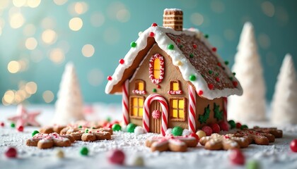 Obraz premium A festive gingerbread house with icing snow and candy decorations sits on a table. Cookies and mini trees surround the edible structure, creating a sweet holiday scene.