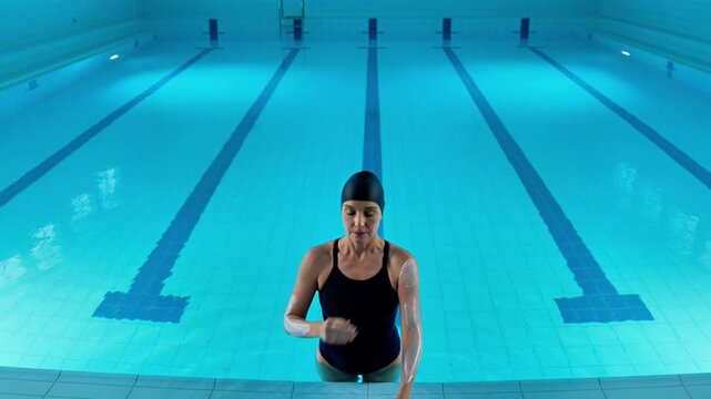 Woman in a black swimsuit and swimming cap carefully applies protective sunscreen lotion to her arm before entering the pool for a swim, prioritizing skin care and protection from sun exposure during 