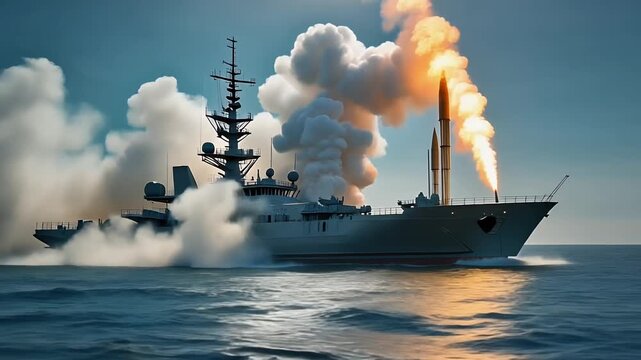 Navy warship launches missile at sea during dramatic dusk exercise.