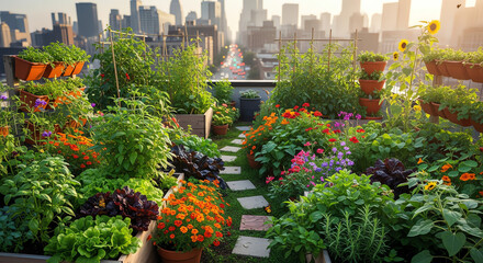 Obraz premium A vibrant rooftop garden filled with potted plants and flowers overlooks a bustling city skyline in the background with natural light.