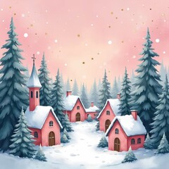 Naklejka premium Winter village with pink houses and snowy pine trees. Watercolor illustration shows cute town with church under pastel pink sky. Snowfall and gold stars create magical atmosphere.