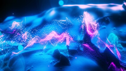 Abstract moving blue futuristic landscape of particles and dots of energetic magic with glow and blur effect, abstract background © Bolbik