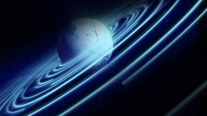 Abstract blue space planet with a round asteroid belt ring futuristic hi-tech on the background of stars in open space © Bolbik