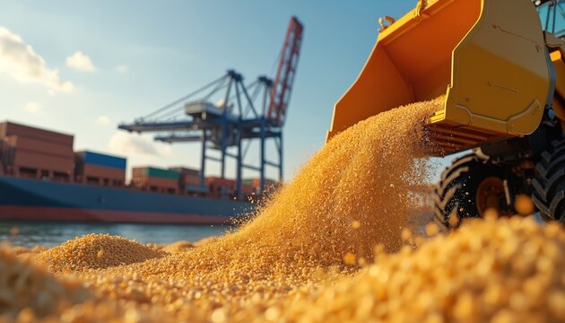 Yellow loader bucket unloads grain onto dockside. Cargo ship and containers wait at port terminal for shipment. Heavy machinery moves agricultural bulk goods.