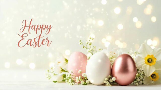 Happy Easter text with colorful eggs and white flowers. springtime celebration and holiday greeting card concept for festive decorations.