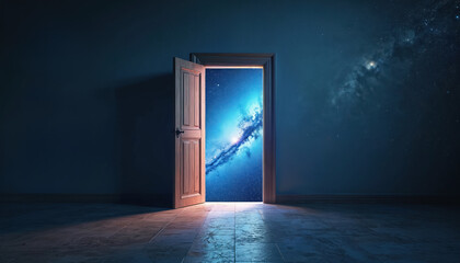 Fototapeta premium Open door leads to vast starry space with nebula. Interior room has dark walls, tiled floor reflecting light. Concept of journey, imagination, and the unknown cosmos beyond.