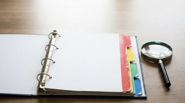 Audit readiness binder with blank divider tabs and magnifying glass on desk, clean business document review background with copy space for compliance report header