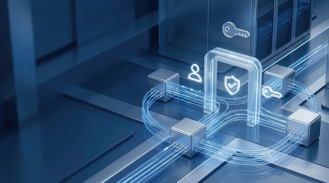 Identity and access management gateway with secure credential flow between servers in blue enterprise infrastructure background
