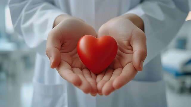 hand holding red heart shape in hospital. love, donor, world heart day, world health day, CSR donation and Insurance concepts