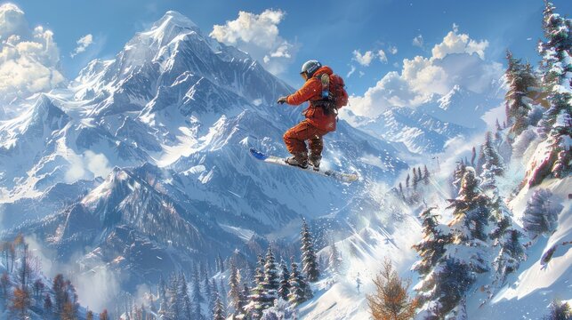 Snowboarder Overlooking Mountain Range