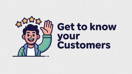 Cartoon man waving with stars above head customer service illustration friendly business concept with simple design and light background
