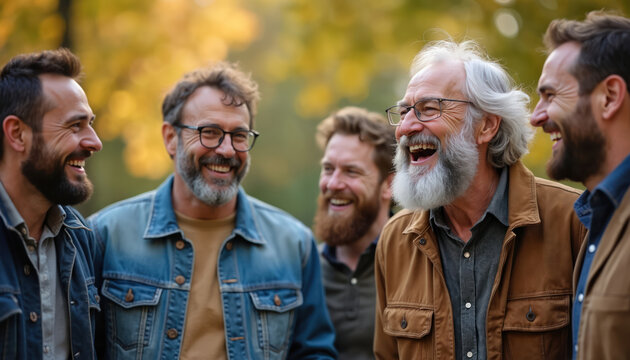 Diverse group of men with beards share laughter outdoors in autumn. Friends casually, enjoying a warm, supportive bond. They express joy and camaraderie in nature.