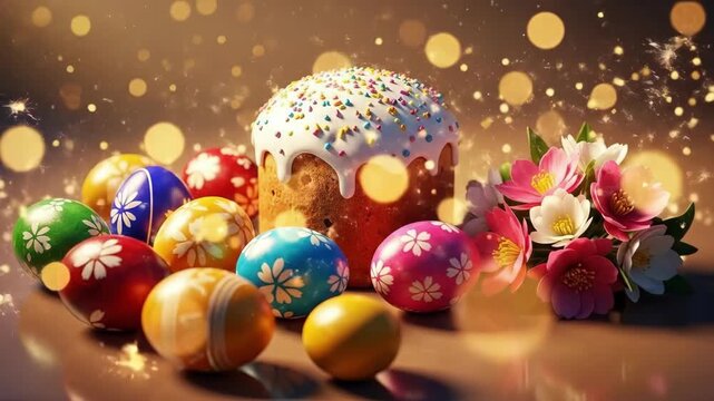 Decorated Easter cake with colorful glazed topping and sprinkle beside vibrant painted eggs and fresh pastel flowers on blurred background