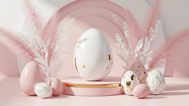 Elegant Easter eggs display on podium in pink studio. Festive spring celebration background for holiday card design.