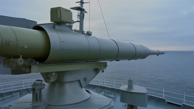 Rotating naval deck turret on warship overlooking open sea.