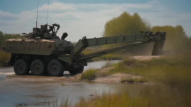 Armored engineering vehicle clears muddy riverbank with excavator boom.