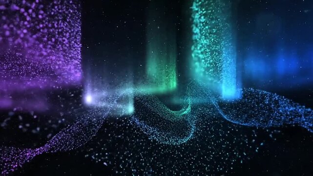 Ultra-cinematic 4K abstract nebula background made of billions of glowing particles forming fluid aurora ribbons in deep space darkness, shifting colors of violet, 