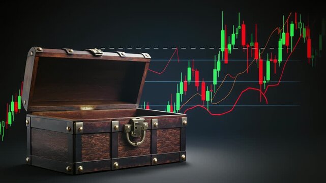 暗いスタジオに浮かぶ空の宝箱と下落する株価グラフが示す金融不安の象徴