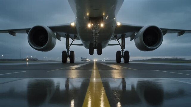 Close front view large jet airliner taxiing on wet runway at dusk.