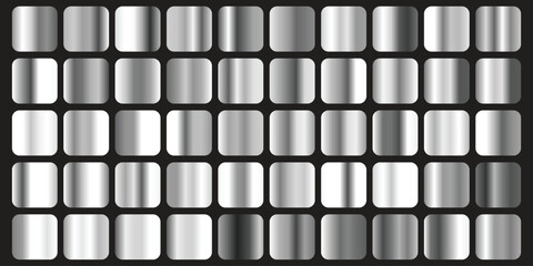 Collection of metallic silver gradient squares with rounded corners showcasing various shades and polished textures © GraphicStore