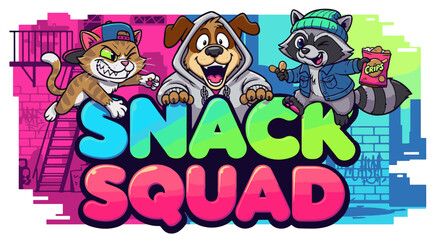 Fototapeta premium Colorful cartoon animals forming snack squad with urban background