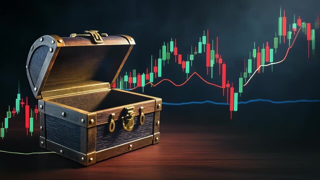 崩れ落ちる株価と空の宝箱が象徴する金融危機の暗い予兆