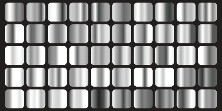 Collection of metallic silver gradient squares with rounded corners showcasing various shades and polished textures