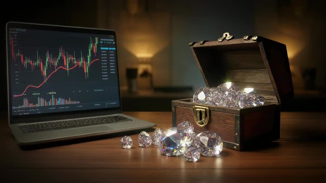 宝箱からあふれる宝石と下落株価グラフが映る暗いトレーディングデスクの対比イメージ