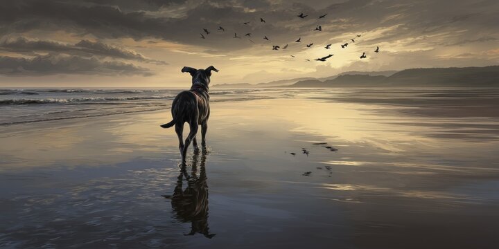 A solitary dog stands on the wet sand of a beach, gazing out at the ocean during a golden sunset. Flocks of birds fly in the distance above the calm water that reflects the sky.