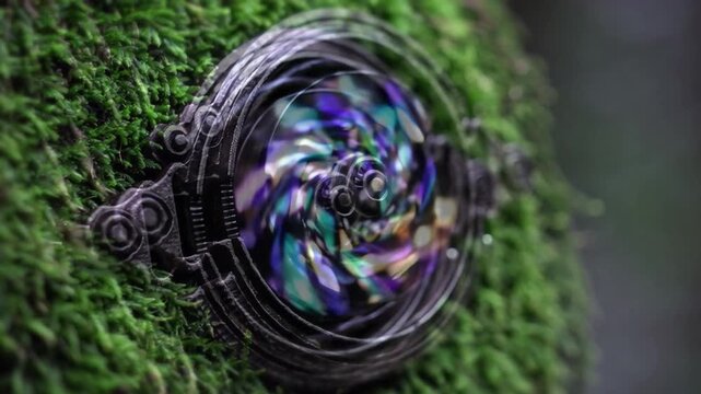 Mechanical Camera Eye in Moss Nature Environment