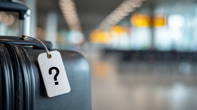 Luggage Tag With Question Mark Reflects Uncertainty in Busy Airport Setting During Travel Rush