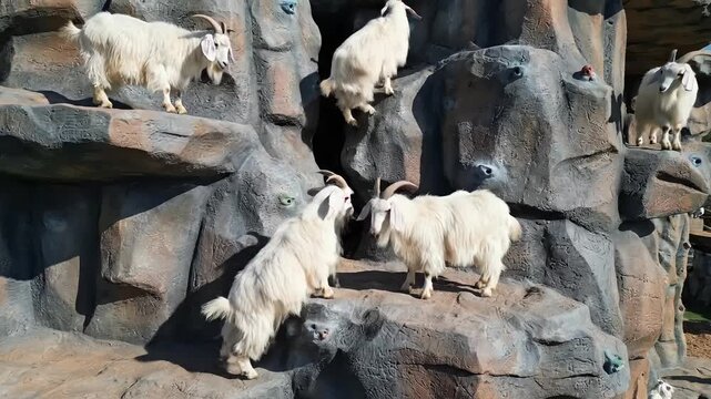 White goats climbing artificial rock structure on sunny day